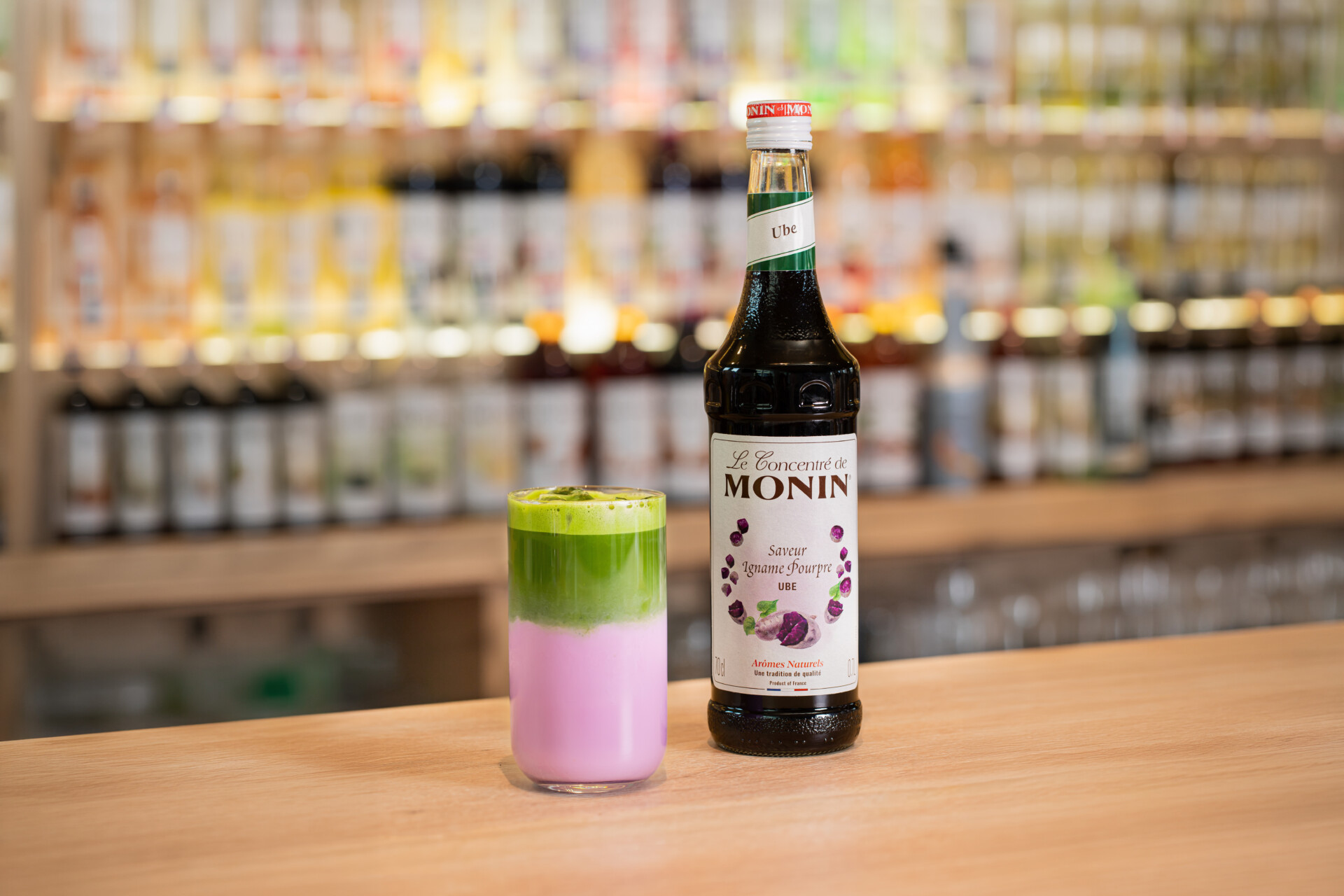Monin Ube Matcha Iced Latte