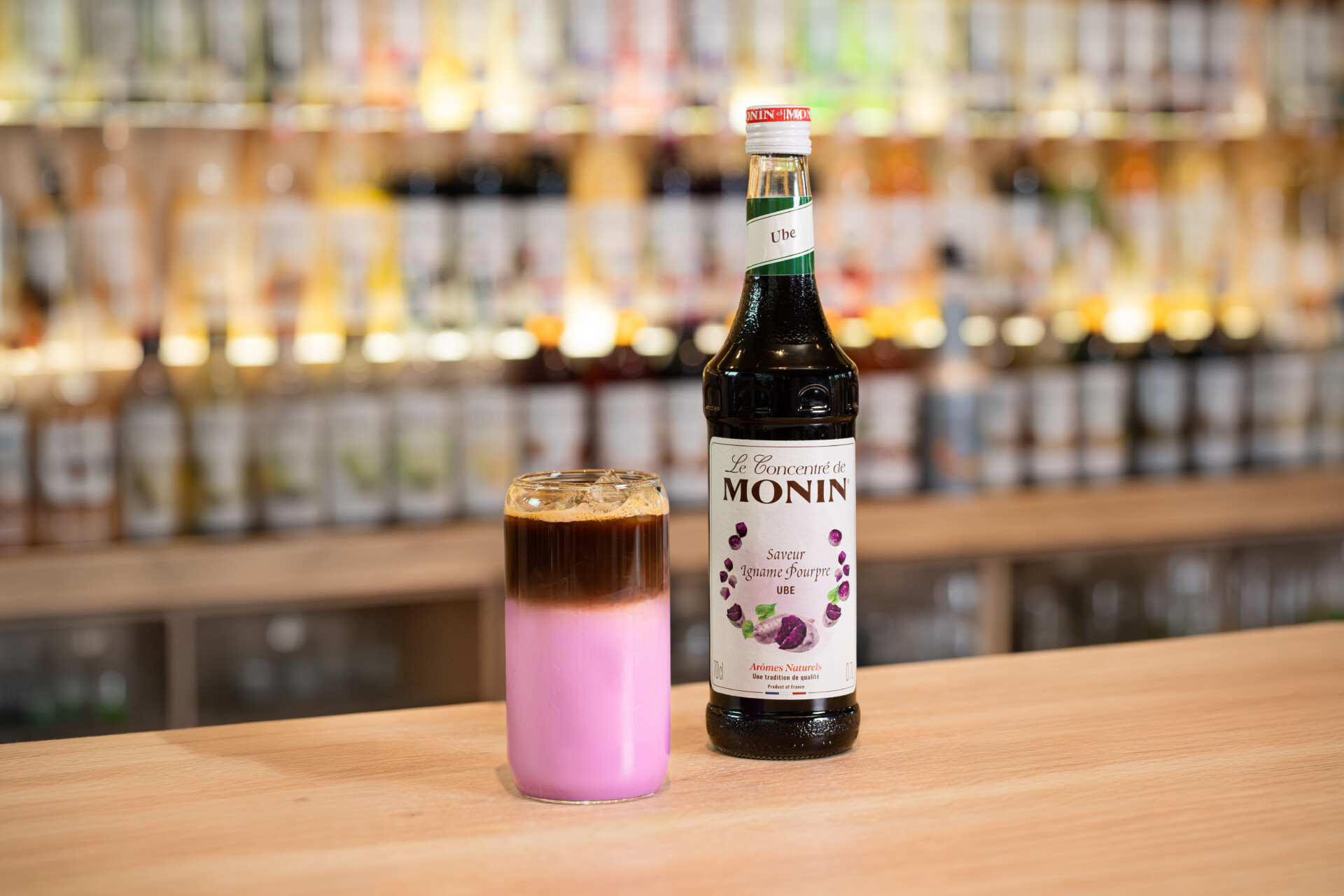 Monin Ube Iced Dirty Latte